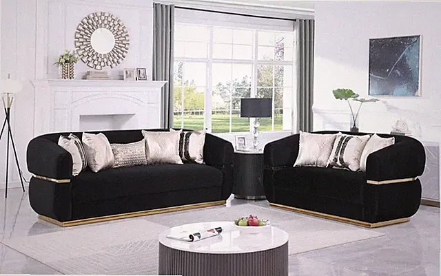 NEW 2PC Black Gold Velvet Sofa Loveseat Contemporary Modern Glam Living Room Set