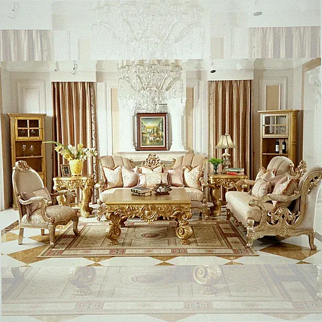 NEW 2PC Champagne Gold Fabric Sofa Loveseat Carved Wood Regal Traditional Set