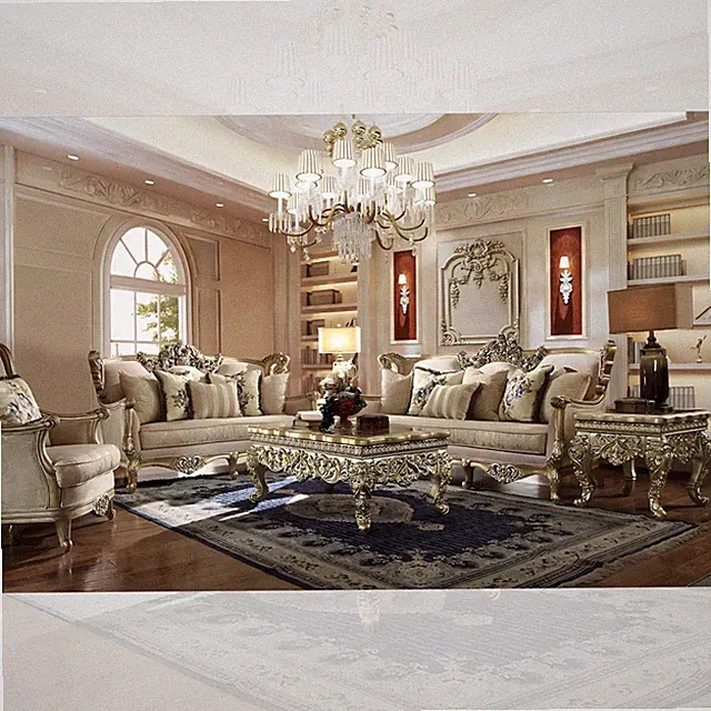 NEW 2PC Champagne Gold Sofa Loveseat Fabric Carved Wood Regal Traditional Set