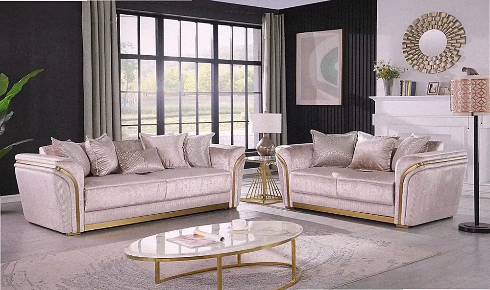 NEW 2PC Champagne Gold Sofa Loveseat Fabric Contemporary Glam Modern Living Room