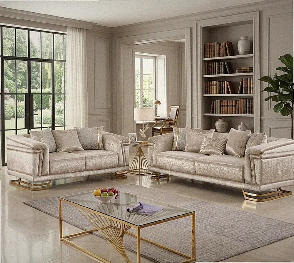 NEW 2PC Champagne Gold Sofa Loveseat Velvet Contemporary Glam Modern Living Room