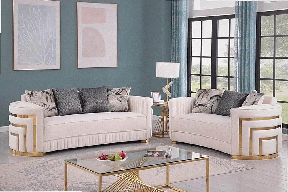 NEW 2PC Cream Gold Sofa Loveseat Velvet Contemporary Glam White Living Room Set