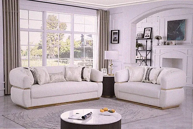 NEW 2PC Cream Gold Velvet Sofa Loveseat Contemporary Modern Glam Living Room Set