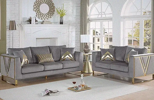 NEW 2PC Gray Gold Sofa Loveseat Contemporary Modern Glam Velvet Living Room Set