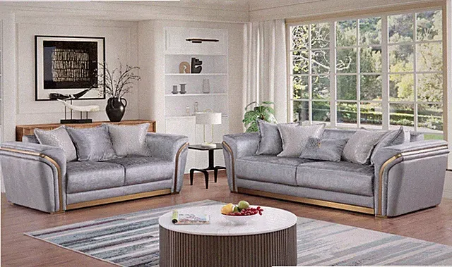 NEW 2PC Gray Gold Sofa Loveseat Luxe Fabric Contemporary Glam Modern Living Room