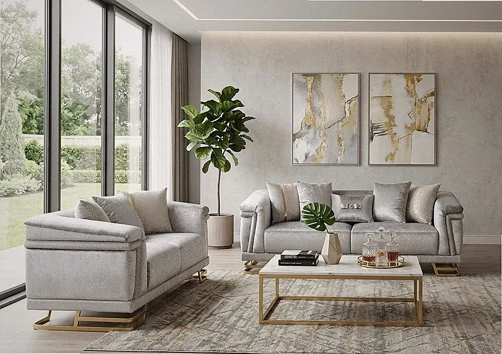 NEW 2PC Gray Gold Sofa Loveseat Velvet Contemporary Modern Glam Living Room Set