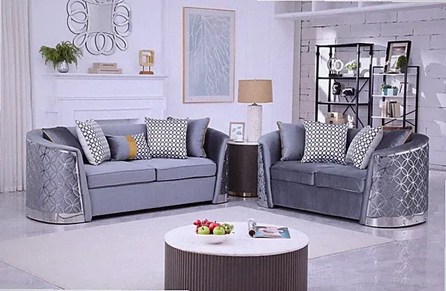 NEW 2PC Gray Silver Sofa Loveseat Luxe Contemporary Glam Velvet Living Room Set