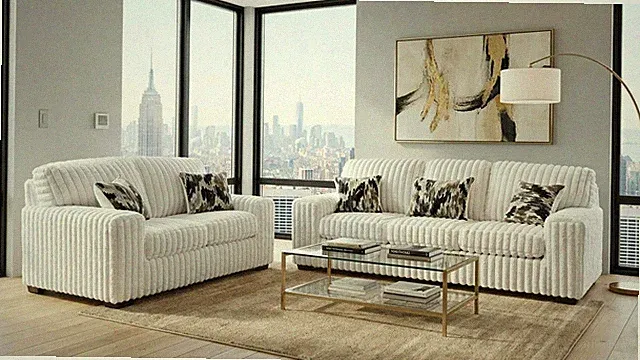 NEW 2PC Modern Sofa Loveseat Plush Corduroy Fabric Living Room Set Ivory White