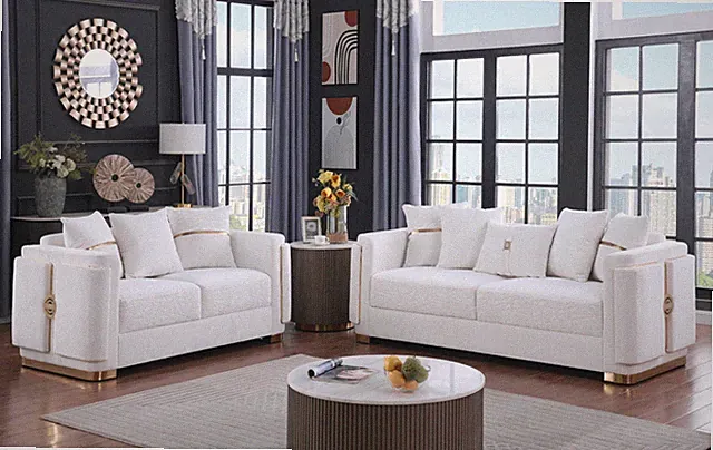 NEW 2PC White Gold Sofa Loveseat Luxe Glam Contemporary Modern Living Room Set