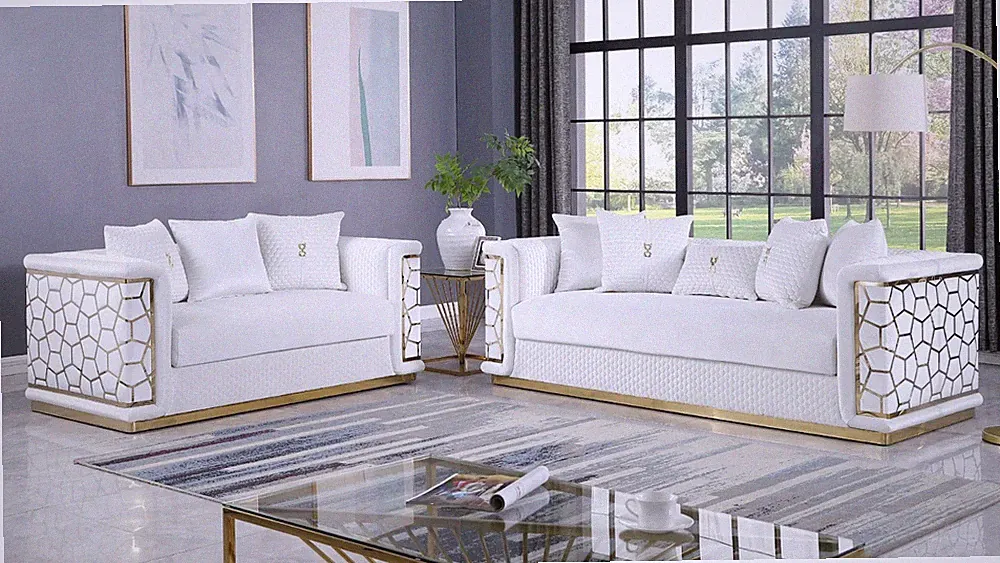 NEW 2PC White Gold Sofa Loveseat Luxe Velvet Contemporary Glam Living Room Set