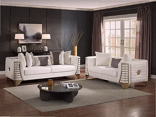 NEW 2PC White Gold Sofa Loveseat Velvet Luxe Contemporary Glam Living Room Set