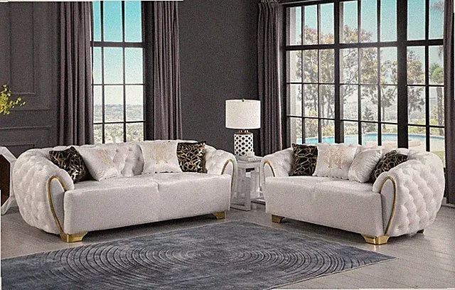NEW 2PC White Gold Velvet Sofa Loveseat Tufted Modern Luxury Living Room Set