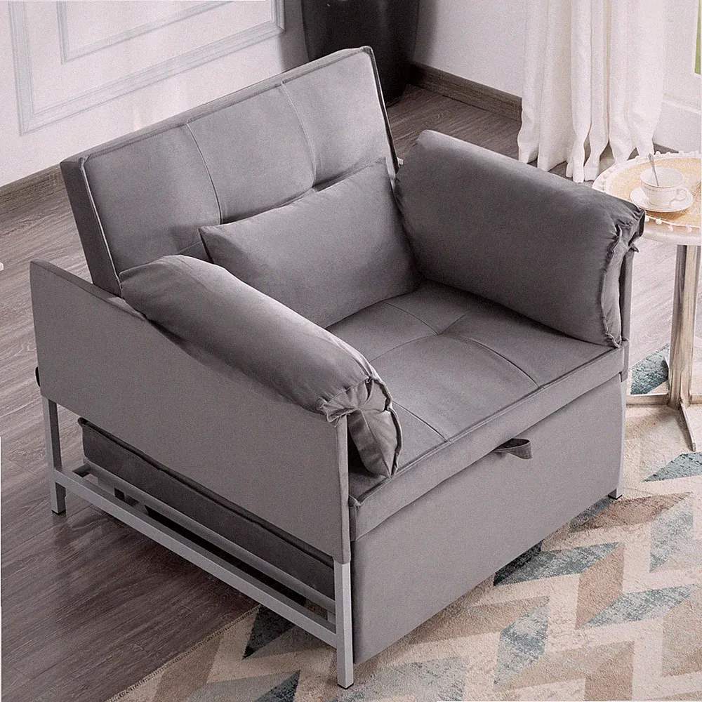 New 34" Velvet Sleeper Chair Twin Pull-Out Bed Sofa w/ Pillow Metal Frame Tufted