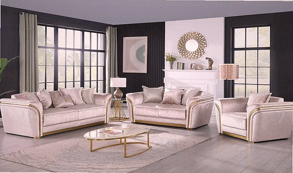 NEW 3PC Champagne Gold Premium Fabric Contemporary Glam Living Room Sofa Set