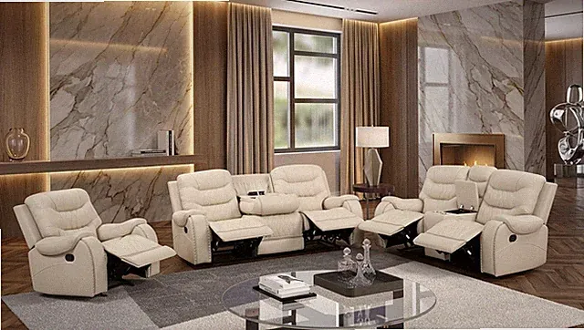 NEW 3PC Cream Beige Sofa Loveseat Chair 5-Recliner Modern Leather Living Room