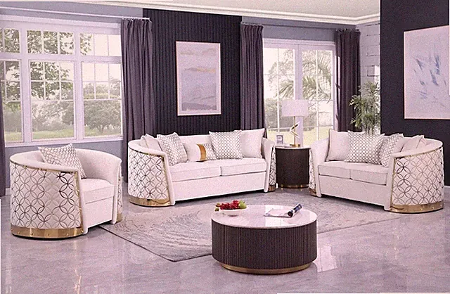 NEW 3PC Cream Gold Sofa Loveseat Chair Luxe Contemporary Glam Velvet Living Room