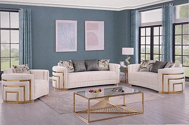 NEW 3PC Cream Gold Sofa Loveseat Chair Velvet Contemporary Glam Living Room Set