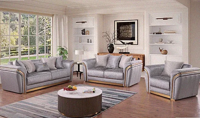 NEW 3PC Gray Gold Sofa Loveseat Chair Luxe Fabric Contemporary Glam Living Room