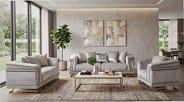 NEW 3PC Gray Gold Sofa Loveseat Chair Velvet Contemporary Glam Living Room Set