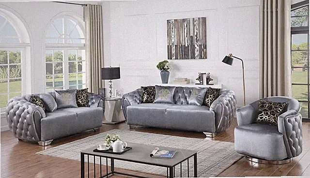 NEW 3PC Gray Silver Sofa Loveseat Chair Tufted Velvet Modern Luxury Living Room