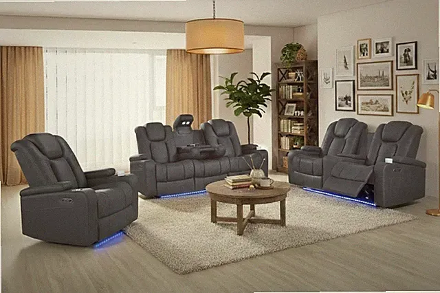 NEW 3PC LED Power Recliner Gray Upholstered Sofa Set USB Ports/Reading Lights