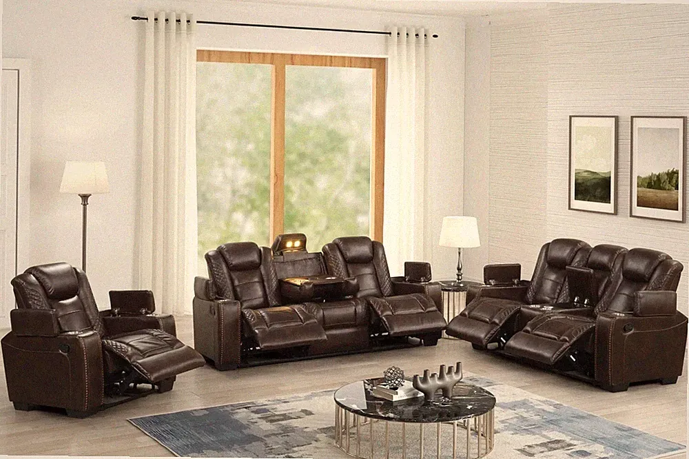 NEW 3PC LED Sofa Recliner Set Brown Leather Bluetooth Speaker & Wireless Charge