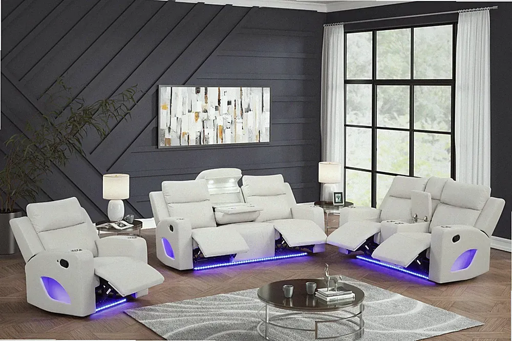 NEW 3PC LED Sofa Recliner Set Modern Living Room Sand Beige Bluetooth Speaker
