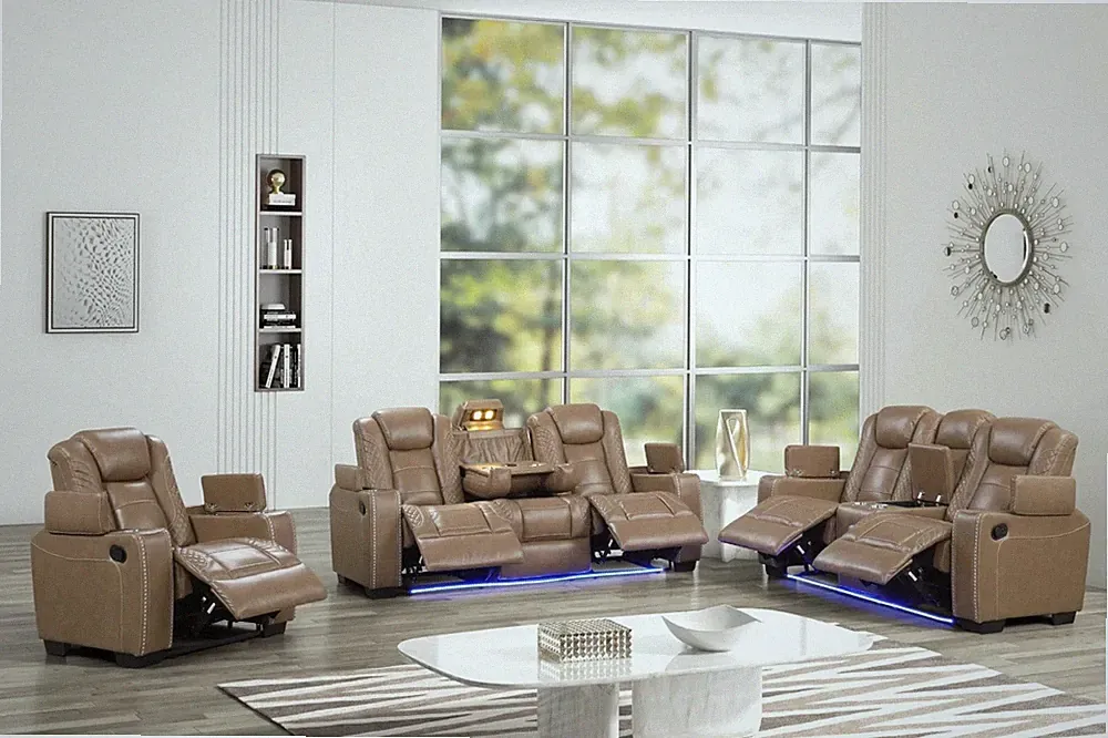 NEW 3PC LED Sofa Recliner Set Saddle Tan Brown Bluetooth Speaker Wireless Charge