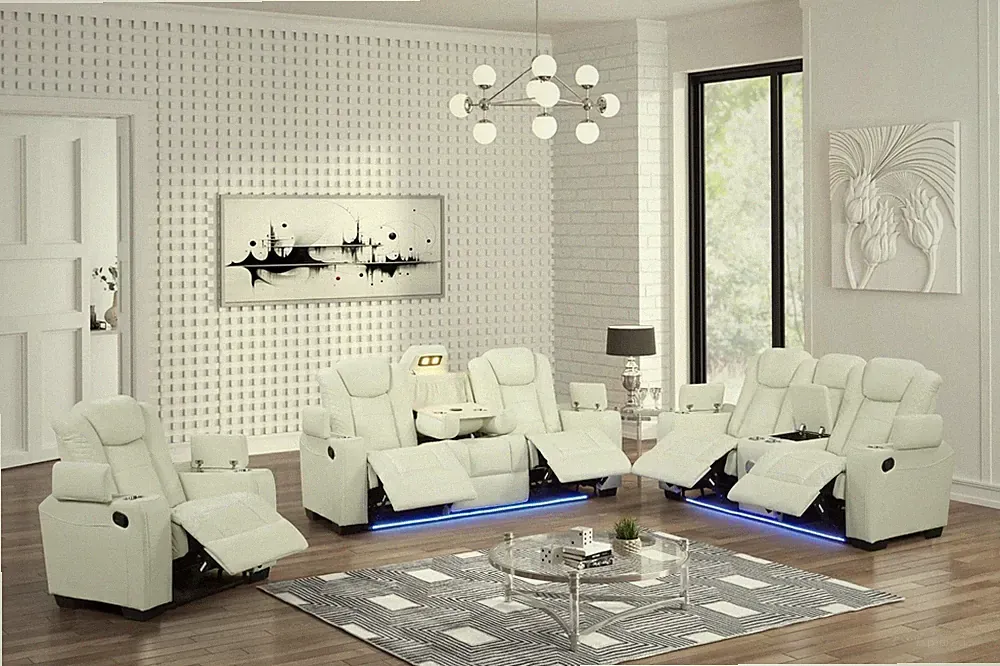 NEW 3PC LED Sofa Recliner Set White Leather Bluetooth Speaker & Wireless Charge