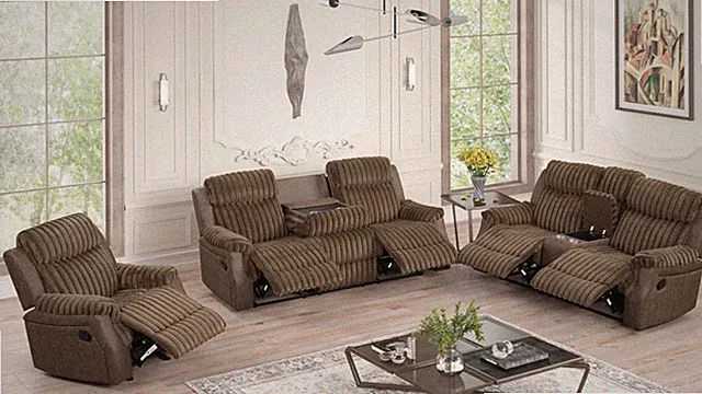 NEW 3PC Modern Corduroy Brown Fabric Recliner Sofa Living Room Set USB Charging