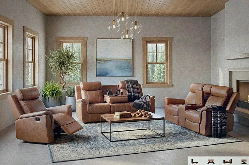 NEW 3PC Sofa Loveseat Chair Fabric Saddle Brown Recliner Rustic Living Room Set