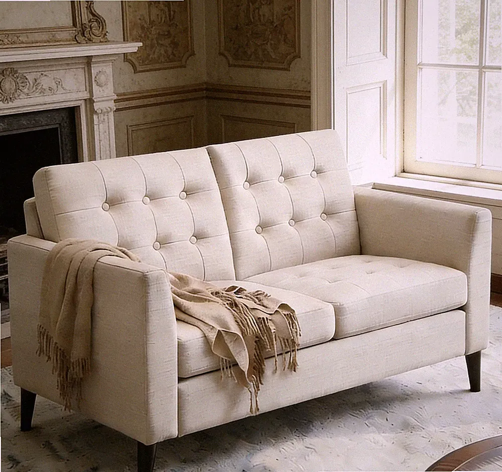NEW 48" Linen Loveseat Sofa 2-Seater Upholstered Couch Button Tufted Beige