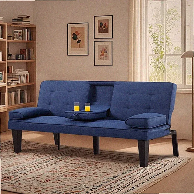 New 65" Futon Sleeper Sofa Bed Twin w/ Cup Holders Tufted Velvet/Polyester Wood