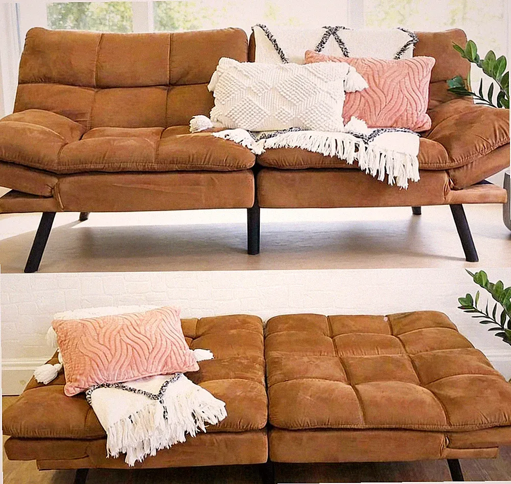 NEW 72" Memory Foam Futon Sofa Bed, Camel Faux Suede Convertible Sleeper Couch