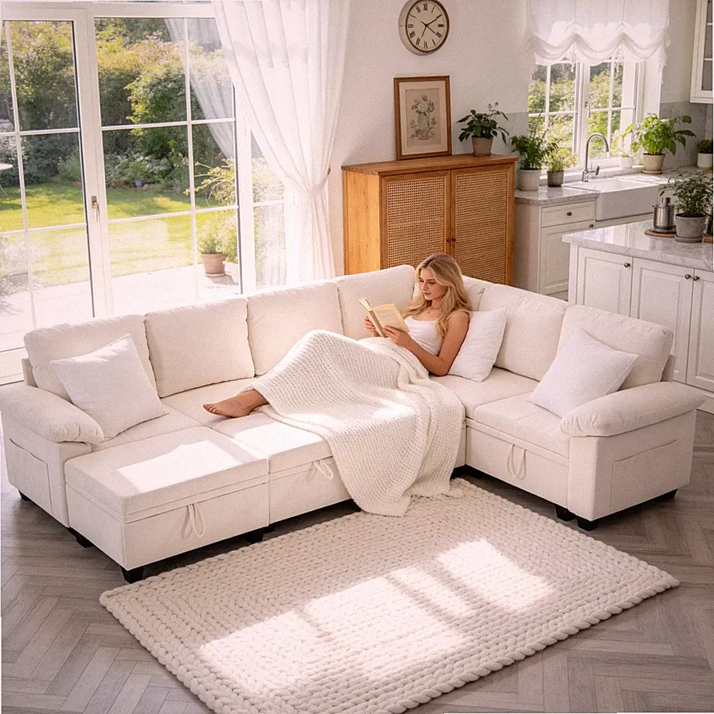New-Beige 7-Seater L-Shaped Sectional Sofa Bed with Storage Ottoman and Pull