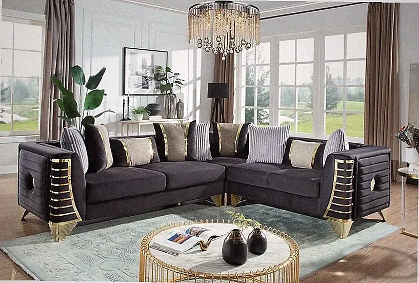 NEW Black Gold 112" Sectional Sofa Two-Tone Velvet Contemporary Glam Living Room