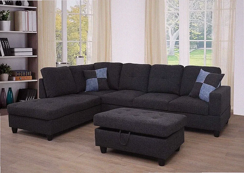 NEW Black Gray Fabric Modern Contemporary Sectional & Storage Ottoman/2 Pillows