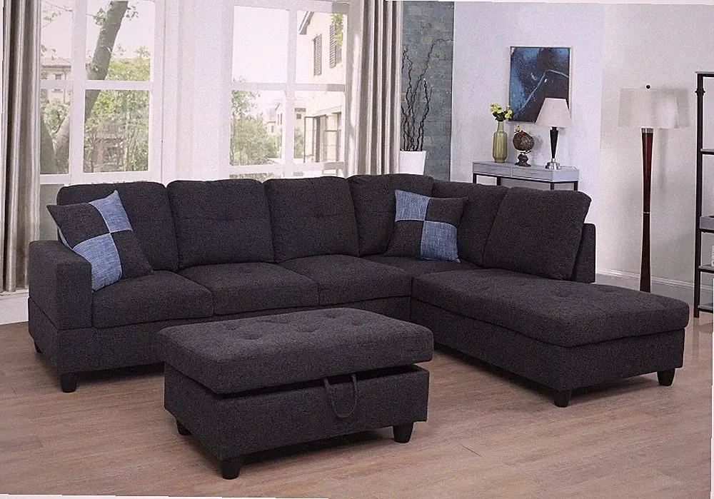 NEW Black Gray Fabric Modern Contemporary Sectional & Storage Ottoman/2 Pillows