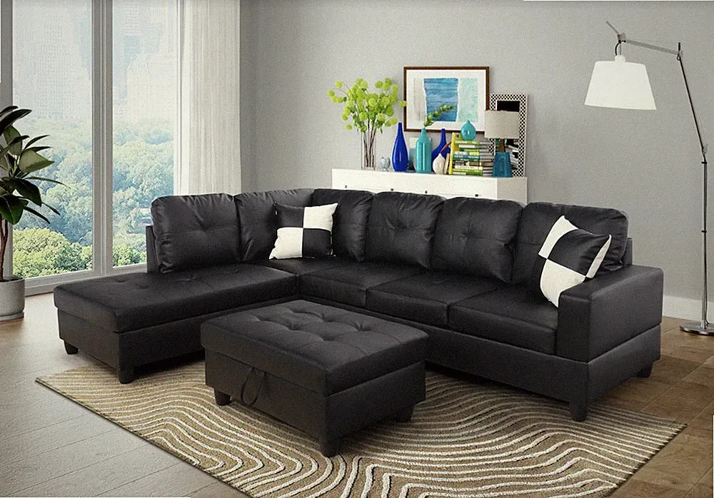 NEW Black Modern Contemporary Sectional with Storage Ottoman & 2 Pillows