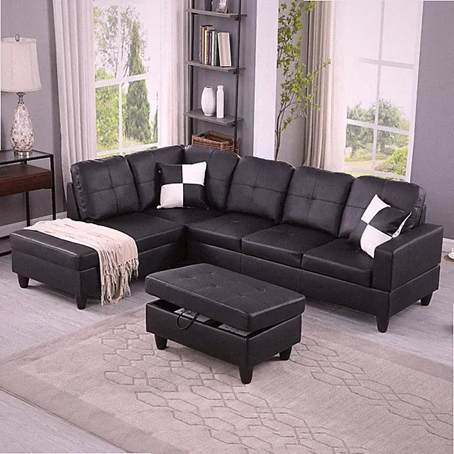 NEW Black Modern Contemporary Sectional with Storage Ottoman & 2 Pillows