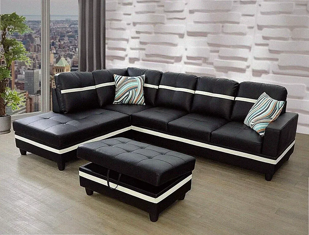 NEW Black Modern Contemporary Sectional with Storage Ottoman & 2 Pillows