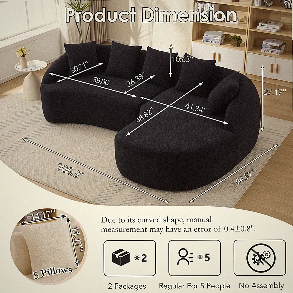 New Boneless L-Shape Sectional Sofa with Curved Chaise,Black Modular Chenille