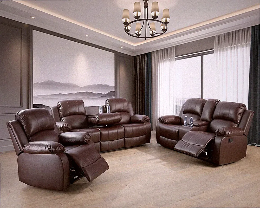 NEW Brown Leather 3PC Sofa Loveseat Chair 5-Recliner Set 4 Cupholders 2 Console