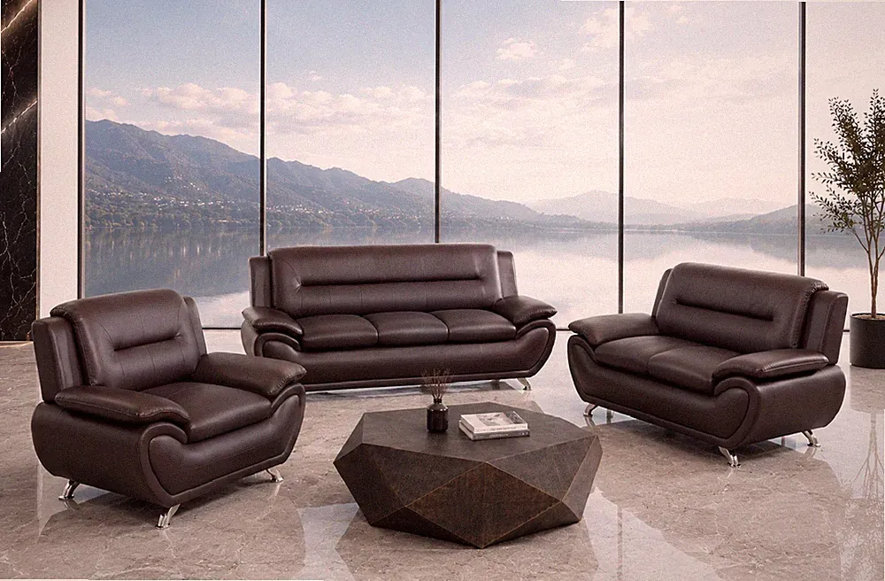 NEW Brown Leather Gel 3PC Sofa Set Contemporary Modern Living Room Furniture