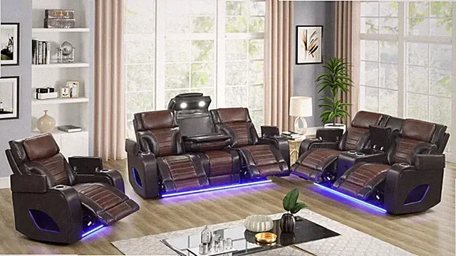 NEW Brown LED Power Recliner 3PC Sofa Loveseat Chair Set Bluetooth Speaker & USB