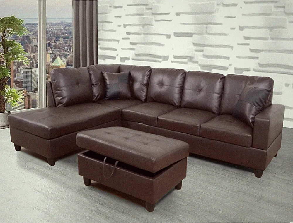 NEW Brown Modern Sectional & Storage Ottoman & Pillows Contemporary Living Room
