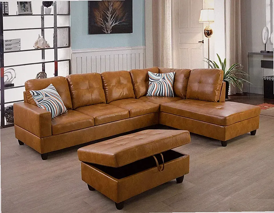 NEW Burnt Orange Sectional w/ Storage Ottoman Faux Leather & 2 Accent Pillows