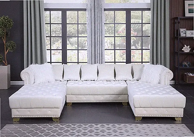 NEW Contemporary 122" U-Shaped Modern Velvet Sectional Cream White w/ 8 Pillows