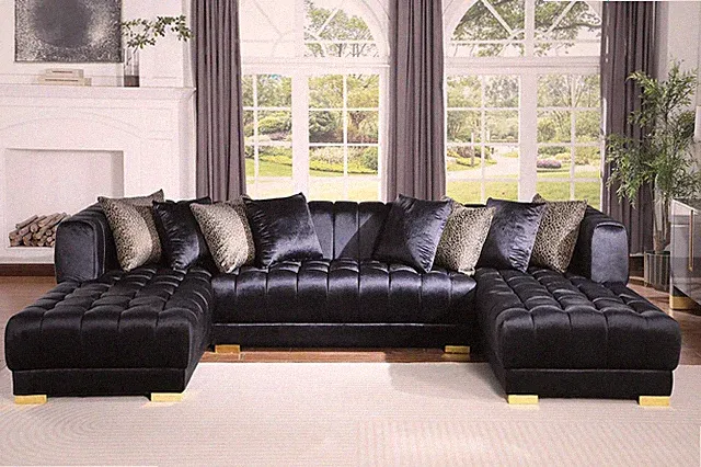NEW Contemporary 130" U-Shaped Modern Black Velvet Sectional Gold Legs 8 Pillows