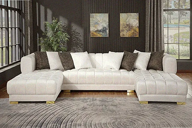NEW Contemporary 130" U-Shaped Modern White Velvet Sectional Gold Legs 8 Pillows